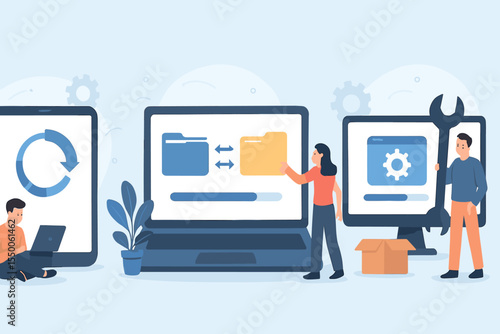 System update progress and data synchronization concept vector cartoon illustration with laptop and desktop screens, software installation, file transfer folders, progress bars, IT support workflow