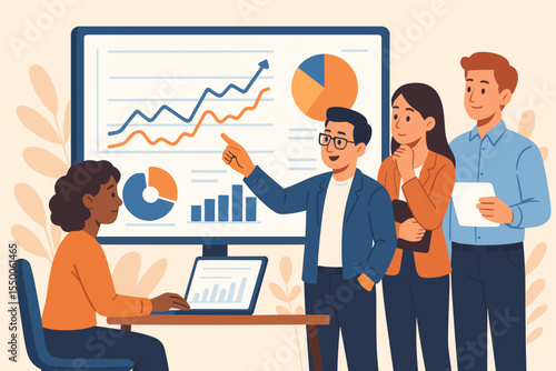 Business team collaborating on data-driven decision making, analyzing financial charts on monitor and laptop. Cartoon vector illustration of professionals with line, bar, and pie graphs.