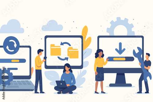 Vector illustration of system update progress and data synchronization with software installation, progress bars on laptop and desktop screens, cloud sync icons, gears, download arrow with IT support