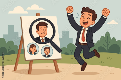 Talent acquisition recruitment concept with magnifying glass spotlight on top candidate. Businessman celebrating victory on career opportunity. HR hiring selection illustration.