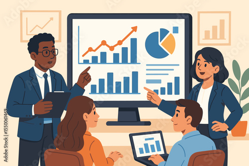 Business team in office to analyze financial data and statistical charts on large monitor and laptop. Vector cartoon illustration of data-driven decision making, teamwork, analytics