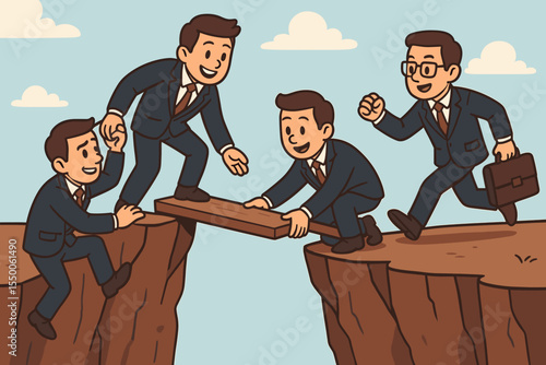 Cartoon business team bridging gap to overcome obstacles with collaboration and mutual support, four professionals working together with trust, leadership and strategy concept for corporate success