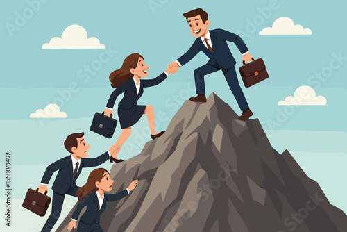 Business team ascending mountain peak led by confident leader extending helping hand to colleagues. Corporate teamwork and leadership support for growth and success vector illustration metaphor