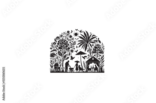 An modest straightforward summer day life  silhouette on a white backdrop Basic black-and-white 