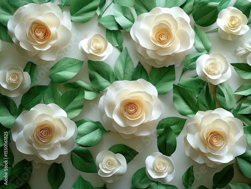 Paper white roses with green leaves, artful handmade arrangement on white. Perfect for wedding designs, crafts, background, and creative projects.