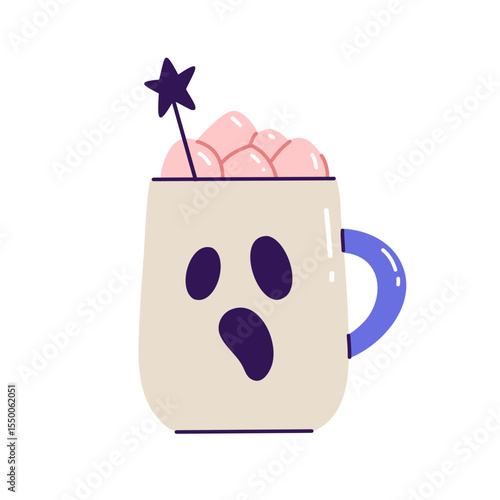 Flat vector illustration of Halloween mug with marshmallows and star sign. Scary ghost drink for sticker, print, or scrapbook. Cartoon drawing of party cocktail cup isolated on white background.