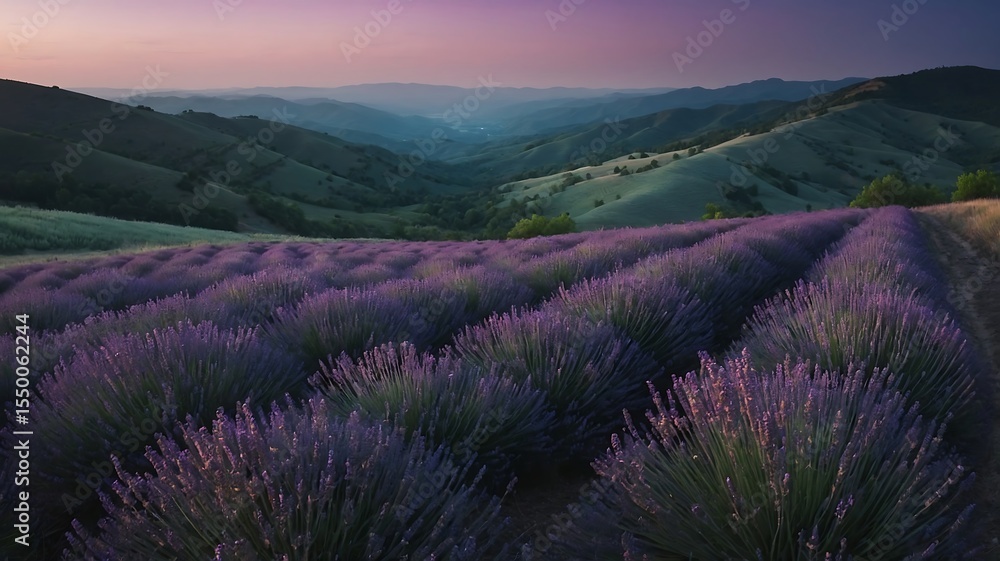 Obraz premium Rolling hills and lavender field at dusk with purple pink sky