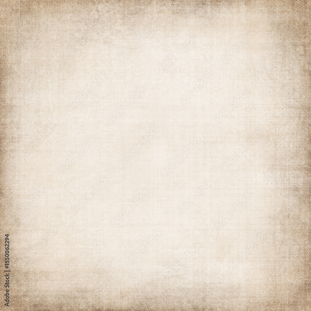 Fototapeta premium Soft cream distressed background with worn fabric-like texture, subtle brown vignette edges, and an aged rustic feel. Ideal for invitation, poster, antique design, overlay, elegant minimalist project.