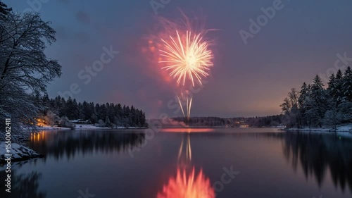 Winter Fireworks Reflection on a Calm Lake