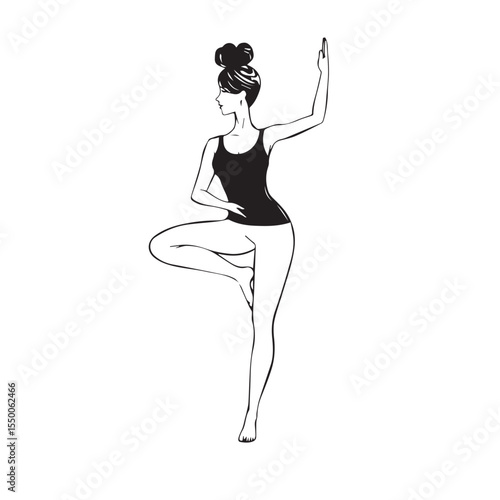 Elegant woman in black tank top performing yoga tree pose with graceful posture