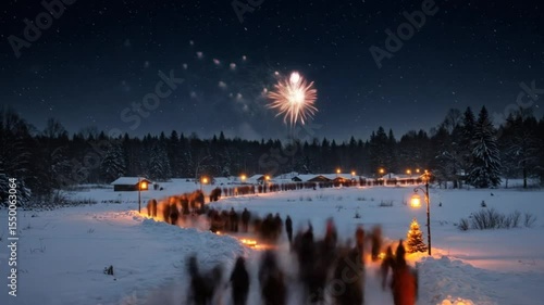 Winter Night Procession: Blurred Figures Walk Through Snowy Landscape Under Starry Sky
