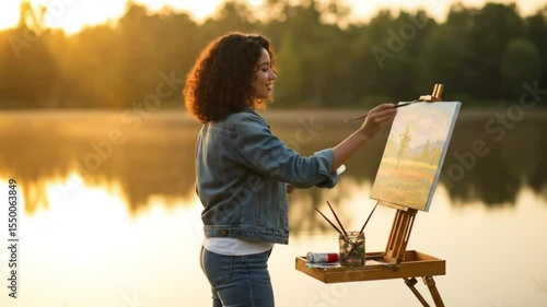 Woman Painting Landscape on Canvas by Lake at Sunset, Artistic Expression in Nature