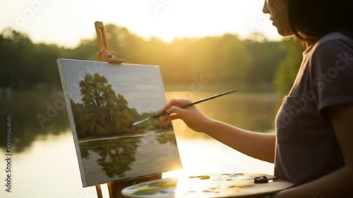 Woman Painting Lakeside Sunset Landscape En Plein Air