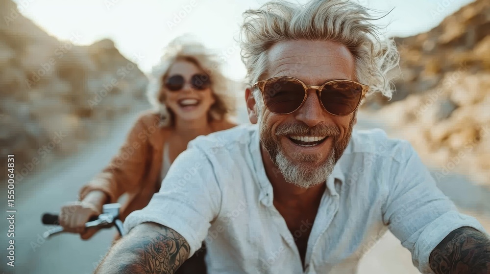 Fototapeta premium An adventurous couple enjoys a cheerful moment biking through a scenic outdoor landscape, capturing the essence of joy, connection, and shared experiences.