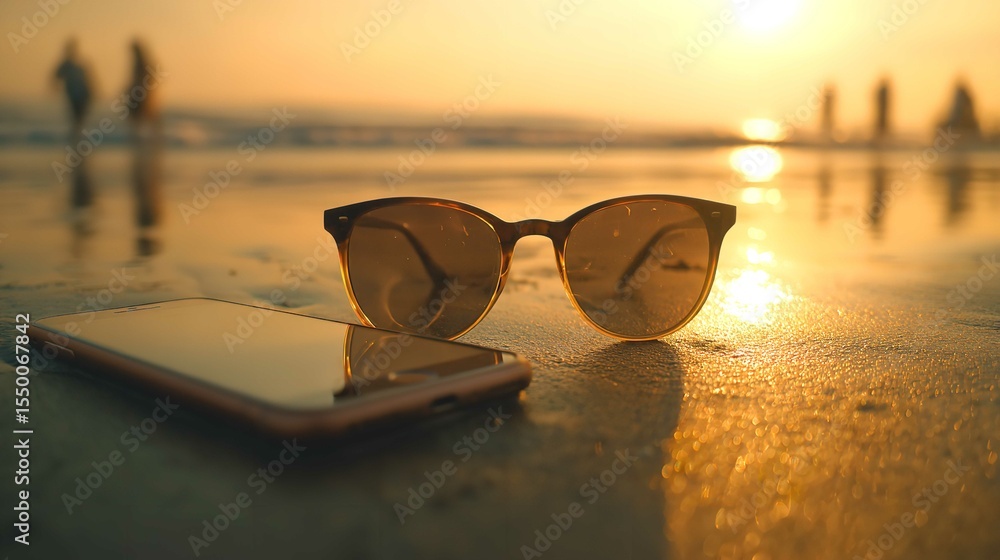 custom made wallpaper toronto digitalGolden hour tranquility Sunglasses and phone rest on the beach a peaceful escape at sunset near the ocean with a sunlit
