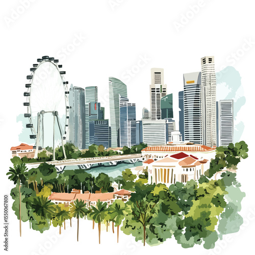 watercolor illustration of Singapore clipart isolated