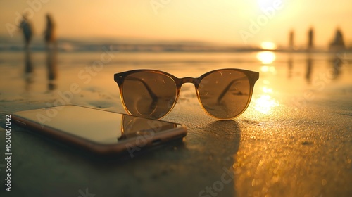 Wallpaper Mural Golden hour tranquility Sunglasses and phone rest on the beach a peaceful escape at sunset near the ocean with a sunlit Torontodigital.ca