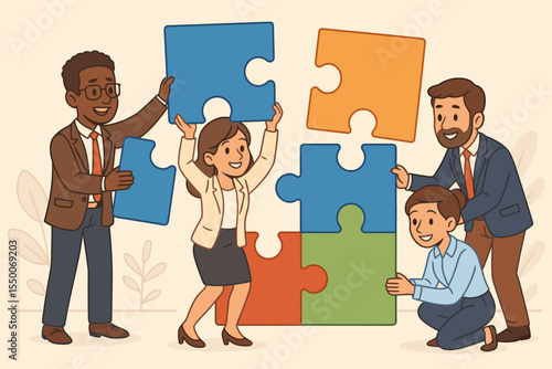 Teamwork concept with diverse business people collaborating on a giant puzzle. Corporate colleagues connecting pieces for a solution. Partnership and strategy metaphor for success.