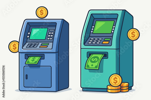 ATM cash withdrawal and deposit vector illustration. Automated banking machine for financial transactions. Self-service terminal with dollar currency, money bills, and gold coins.