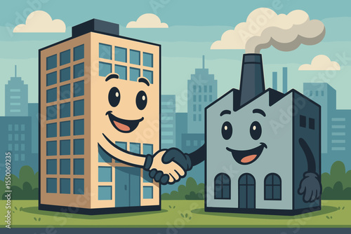 B2B partnership concept with corporate office building and factory characters shaking hands. Business to business collaboration and agreement metaphor. Vector cartoon illustration.
