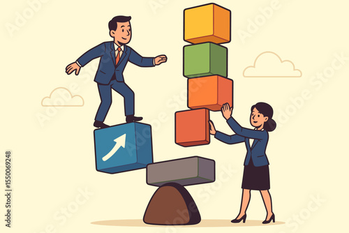 Business teamwork and cooperation concept. Man and woman balancing on building blocks for success. Partnership and support create stability for company growth and strategy. Vector.