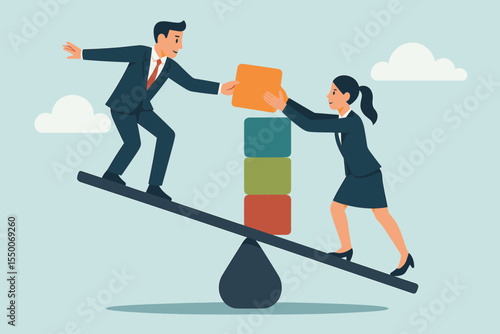 Business teamwork concept with man and woman cooperating on a seesaw. Balancing and building with blocks for success. Partnership, strategy, synergy and cooperation metaphor.