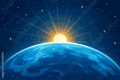Planet Earth sunrise from space vector background. Cartoon blue globe with sun rising over the horizon. Celestial view of a new day beginning. Hope, future, and exploration concept.