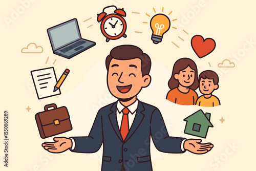 Work life balance concept with a happy businessman juggling priorities. Vector illustration of a man managing career, family, health, and home for harmony and professional success.