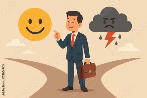 Businessman choosing positive mindset over negative thinking. Man at crossroads deciding career path. Metaphor for optimism vs pessimism, emotional intelligence, psychology, success.