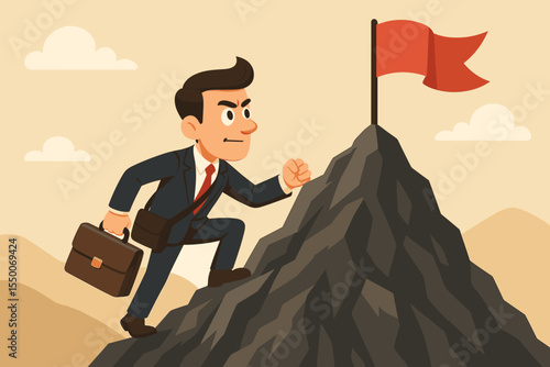 Business success journey concept with determined businessman climbing a mountain. Metaphor for career growth, reaching a goal, ambition, strategy, leadership, and achievement.