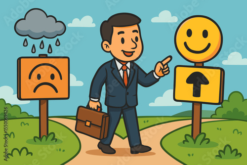 Businessman choosing positive mindset over negative thinking. Man at a crossroads making a choice between a happy and sad path. Concept of attitude, decision, success, mental health.