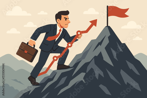 Business success journey and career growth concept. Determined businessman climbs a mountain toward a goal flag. Metaphor for ambition, leadership, strategy, and achievement.