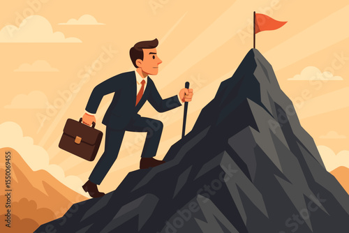 Business success concept. Businessman climbing mountain. Career growth journey. Goal achievement. Metaphor for challenge. Leadership strategy. Ambition, determination, motivation. Vector.