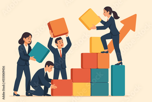 Business team collaboration building a growth chart with blocks. Teamwork for success concept. Partnership and corporate development strategy. Collective effort vector illustration.
