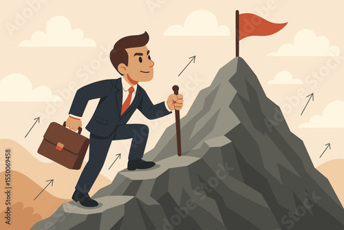 Businessman climbing mountain to reach goal. Concept for business success, career growth, achievement. Metaphor for ambition, determination, strategy, leadership, and progress. Journey to the top.