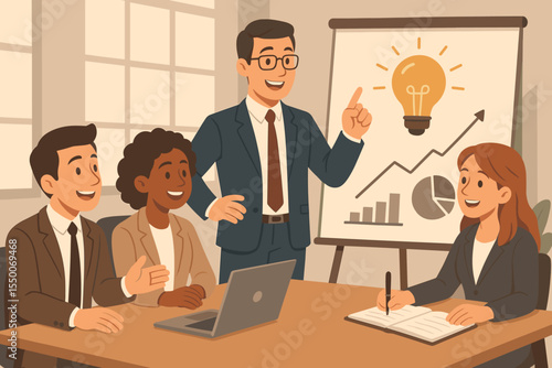 Diverse business team collaborating in an office meeting. Manager presents a new idea for success with a lightbulb icon, growth charts, and data analysis on a whiteboard.