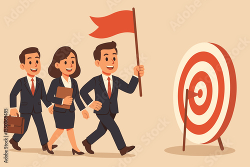 Business team leader with flag leads colleagues to target. Teamwork for achieving marketing goals and success. Concept of business strategy, mission, objective, and focus. Vector cartoon.