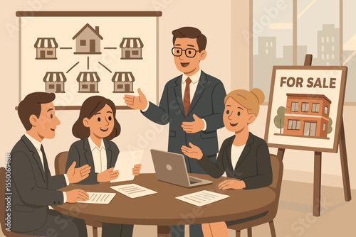Business team planning franchise growth and commercial property investment. Real estate agent presenting building for sale in a corporate meeting. Vector cartoon strategy illustration.