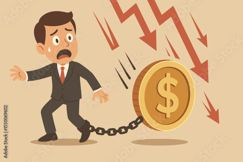 Financial crisis concept. Businessman chained to a falling dollar coin. Economic recession metaphor. Currency crisis and debt burden. Panicked man with money problems. Investment failure.