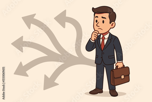 Businessman at crossroads making a difficult decision. Confused cartoon character choosing a career path. Concept of business strategy, choice, opportunity, and future direction.
