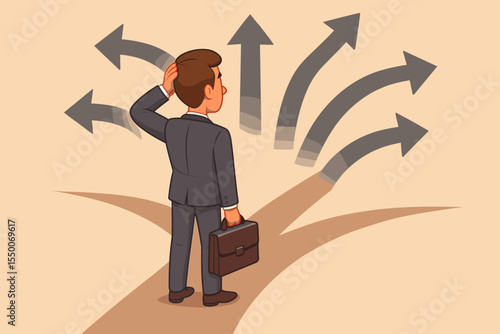 Business choice concept. Businessman at crossroads. Career path decision. Confused man facing dilemma. Arrows showing different directions, future, opportunities. Strategy. Vector.