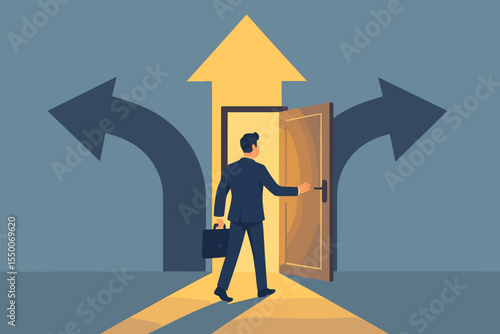 Businessman at a crossroads choosing a new path forward. Man opening a door to new opportunities, making a career decision. Business strategy, vision, success, and future concept.