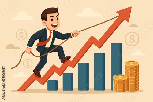 Businessman climbing financial growth graph. Man pulling up on arrow chart with rope. Investment target concept. Business success, career progress and profit achievement vector.