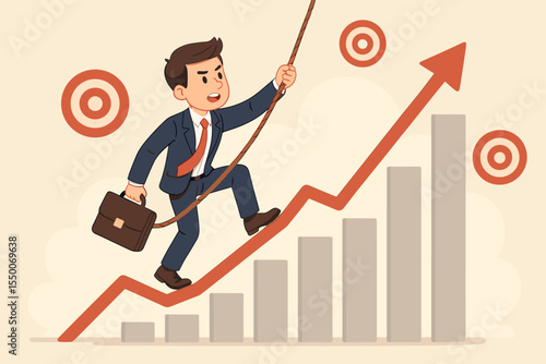 Businessman climbing a financial growth graph using a rope. Business success and career progress metaphor. Concept for investment targets, ambition, achievement, and goals.