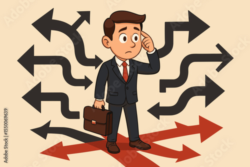 Businessman choosing a path at a crossroads. Metaphor for decision-making, business strategy, career choice, and future direction. Confused man with arrows and uncertainty. Vector.