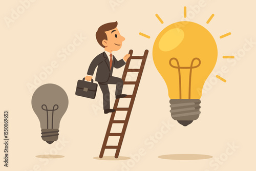 Businessman climbing ladder from small dim lightbulb to a big bright idea. Business metaphor for creative thinking, problem solving, innovation, career growth and success.