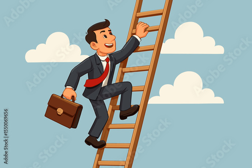 Businessman climbing a corporate ladder to success. Metaphor for career growth, progress, ambition, and reaching goals. Man in a suit with a briefcase climbing towards the sky.