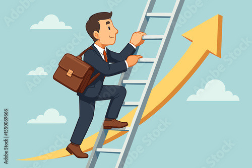 Businessman climbing a ladder along an upward arrow, a metaphor for career growth and business success. Concept of progress, ambition, achievement, and reaching professional goals.
