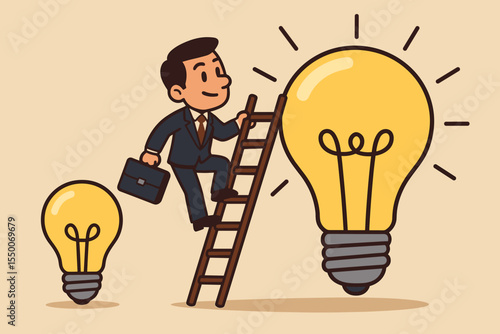 Businessman with briefcase climbing ladder from small to big light bulb. Business success and growth concept. Creative idea development, innovation, career path metaphor. Vector illustration.