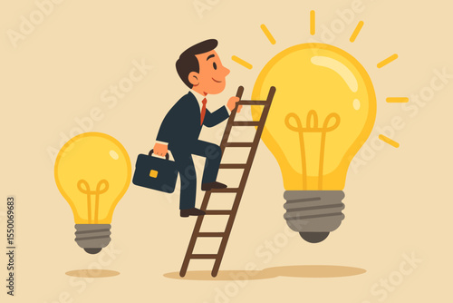 Business growth and innovation metaphor. Businessman climbing a ladder from a small idea to a big, bright light bulb. Concept for career development, success, and creative solutions.